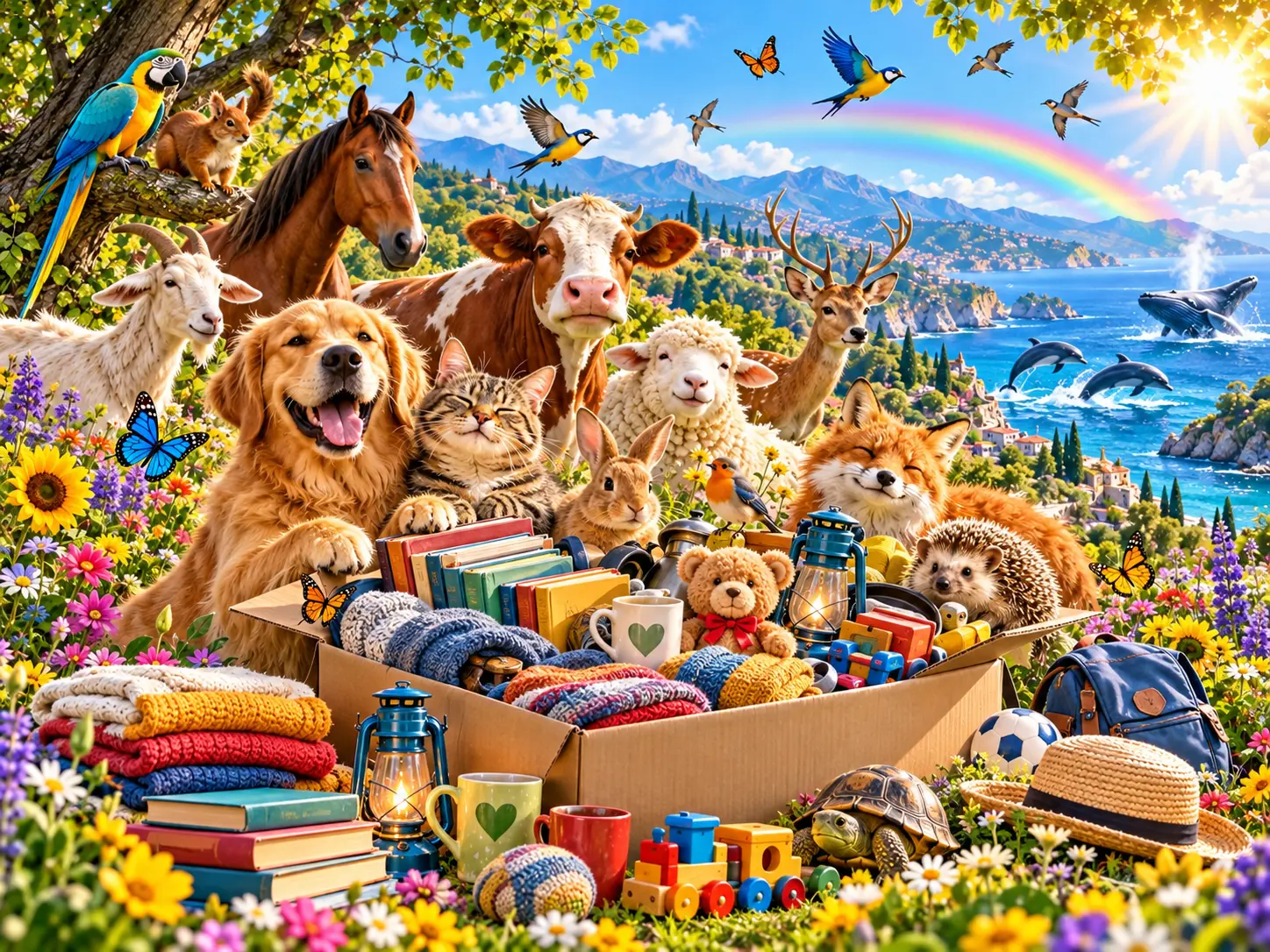 Animali domestici e selvatici in un prato fiorito accanto a una scatola di oggetti donati: libri, maglioni, giocattoli e tazze pronti per una seconda vita