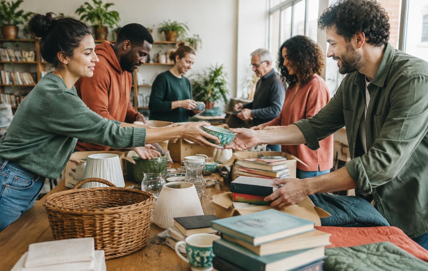 Volontari che organizzano insieme oggetti donati alla comunità