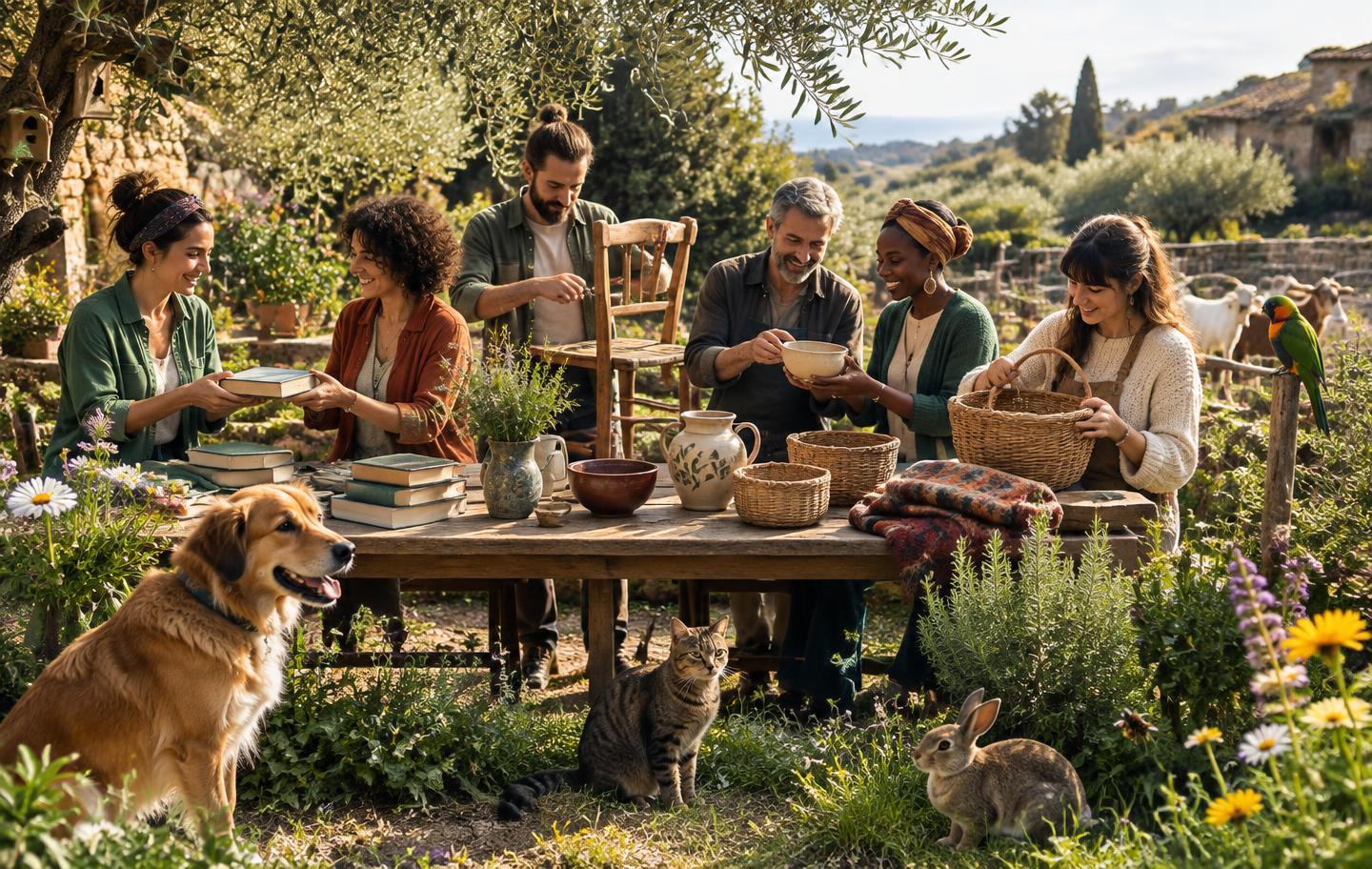 Comunità che rimette in circolo libri, ceramiche e arredi in un giardino mediterraneo insieme ad animali protetti